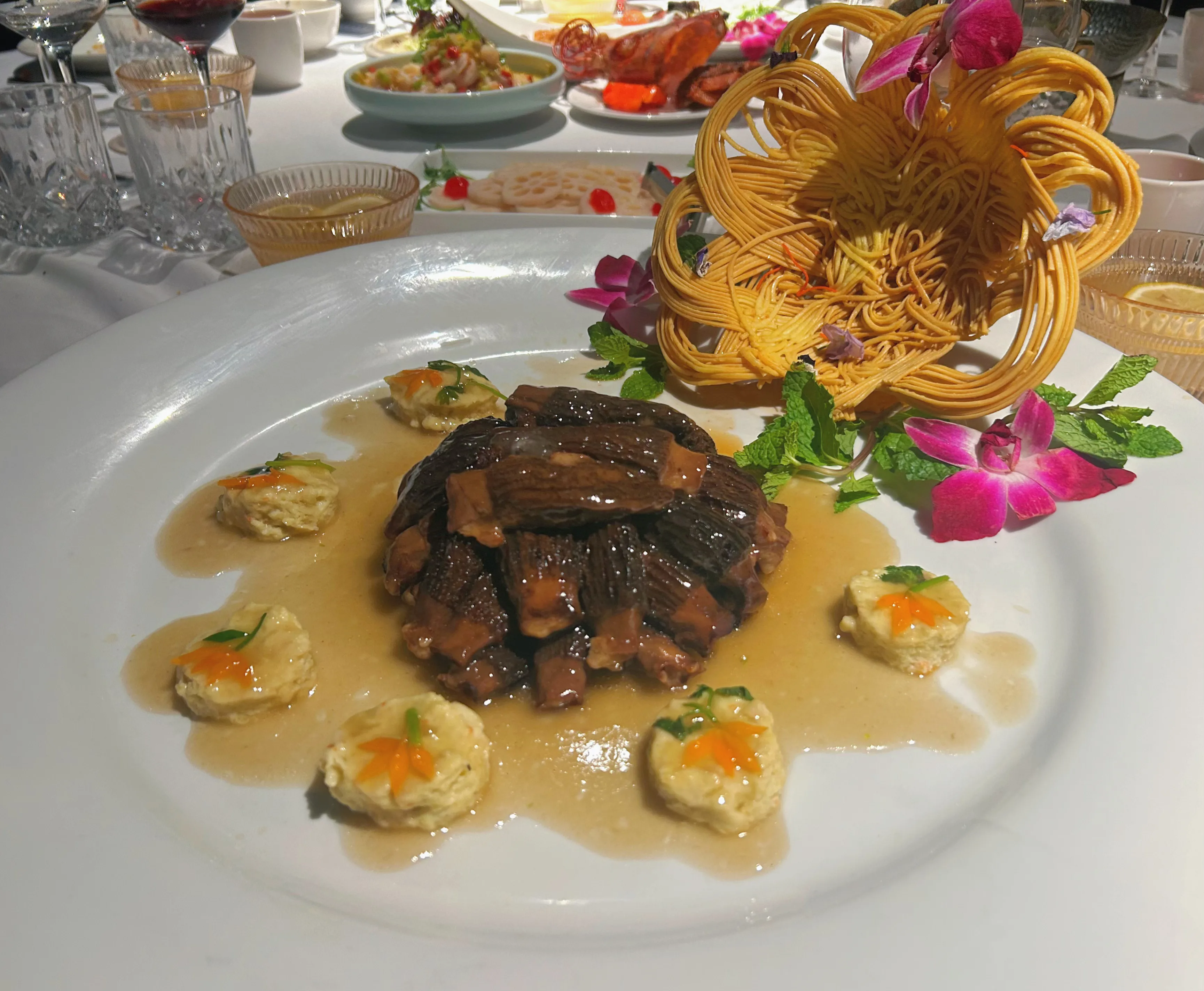 Fried seafood tower on citrus slices