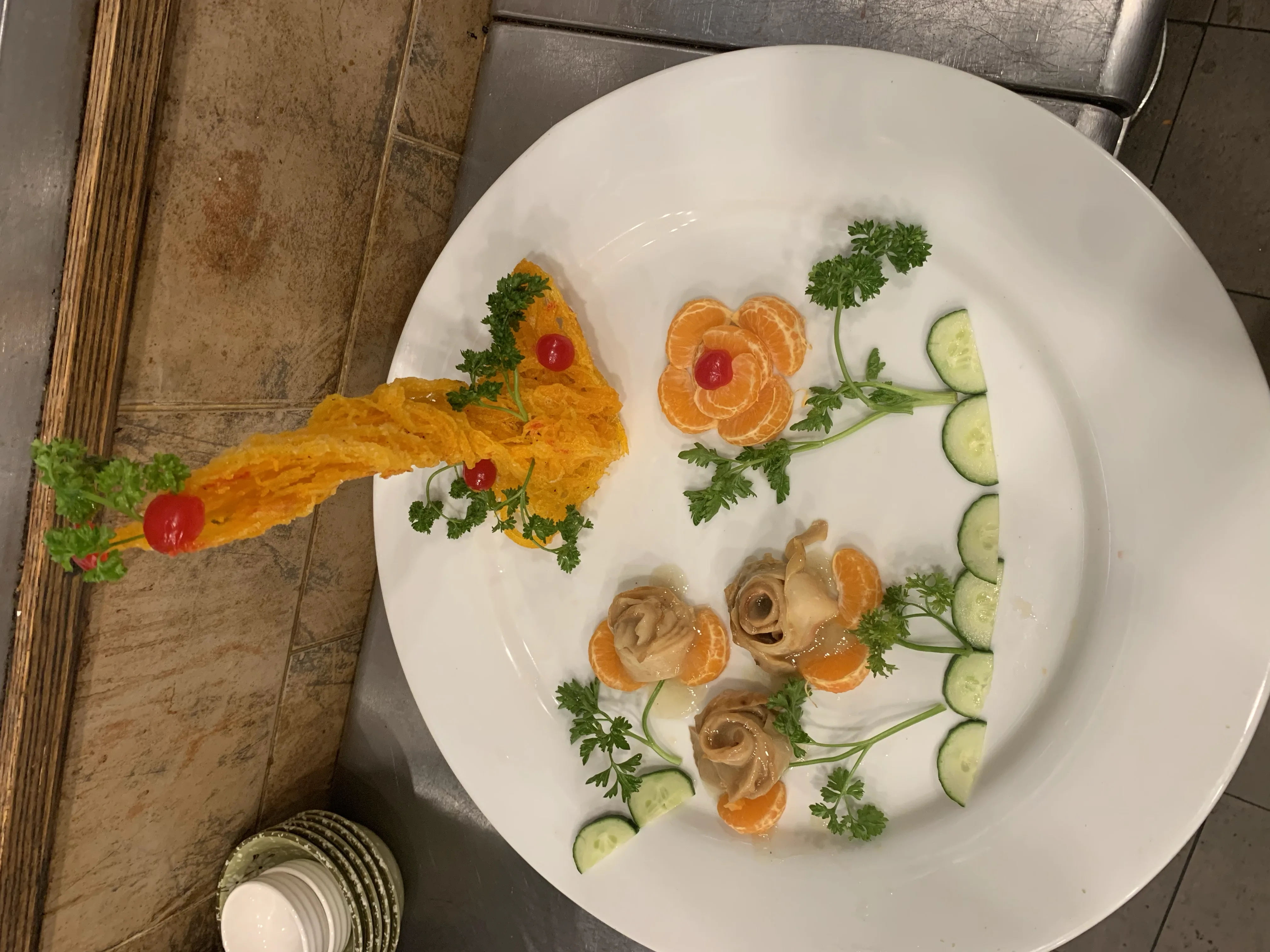 Appetizer plate with shredded radish and dumpling roses